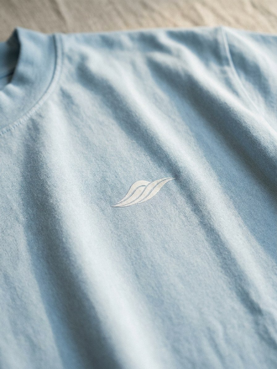 Détail BELICAM — t-shirt bleu clair, logo vague