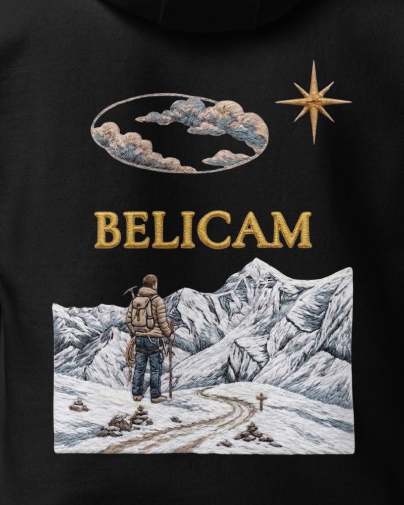 Sweat BELICAM L'Alpiniste — visuel dos, alpiniste face aux sommets enneigés