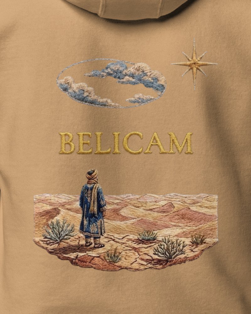 Sweat BELICAM Le Désert — visuel dos, voyageur face aux dunes